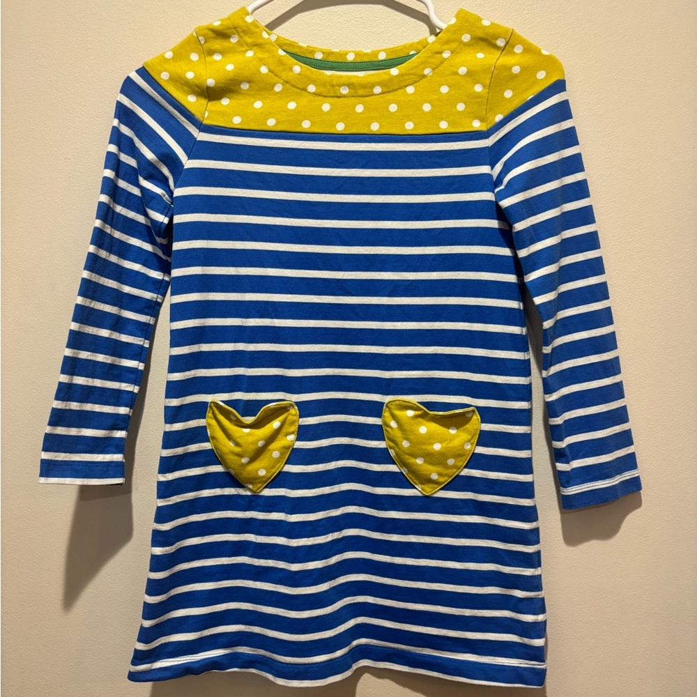 Mini Boden Striped Polka Dot Appliqué Heart Pocket Dress Blue Yellow White